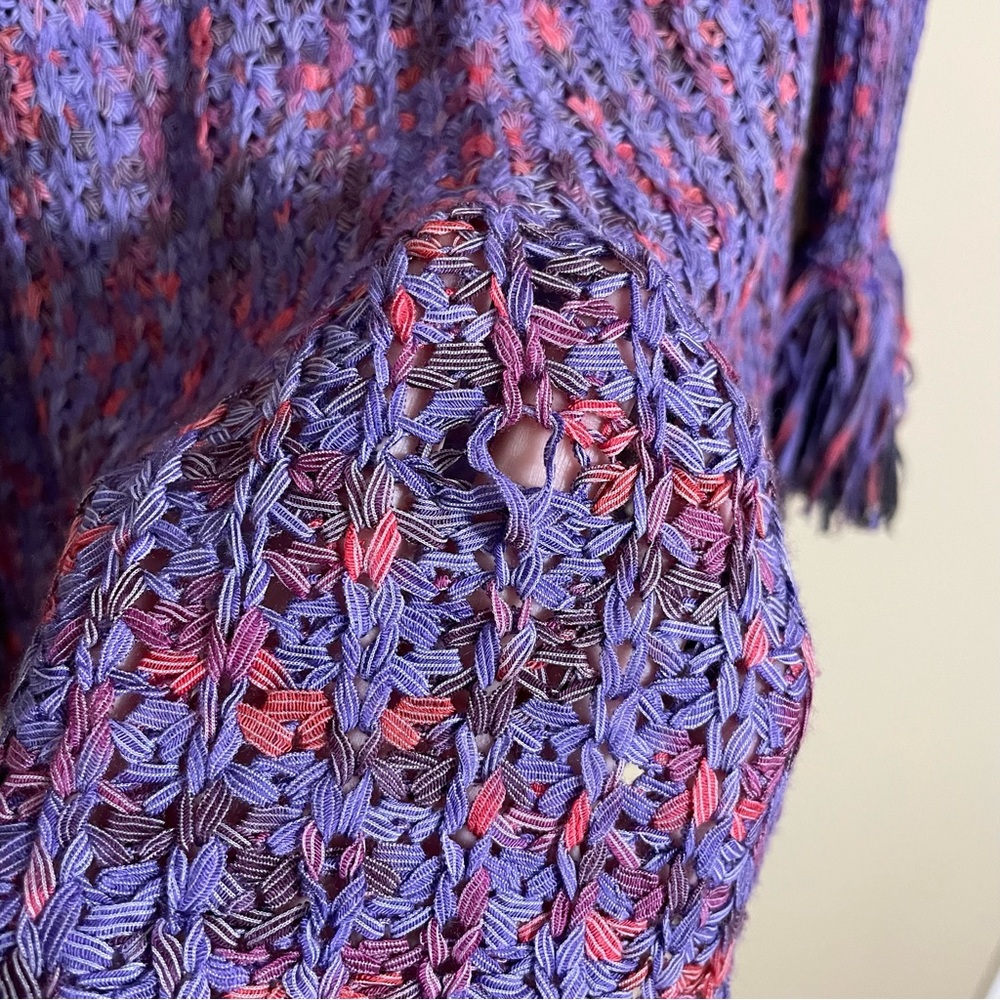 ZOZO open knit crochet multicolor sweater with fringe Pom Pom cuffs‎ size large - Picture 3 of 6